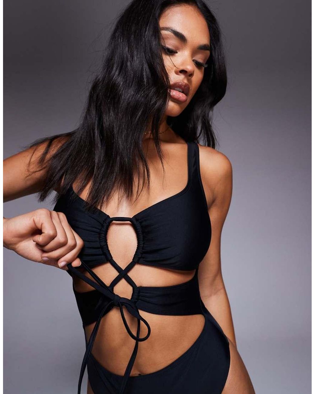 South Beach Black Essentials Cut Out Front Tie Swimsuit
