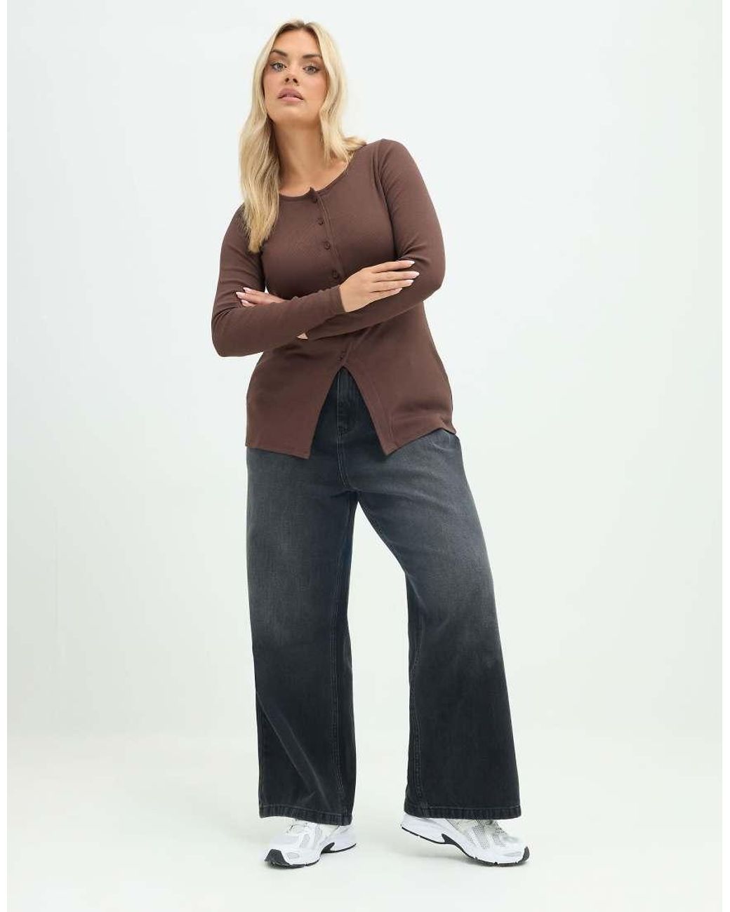 Yours Clothing Brown Button Front Long Sleeve Top