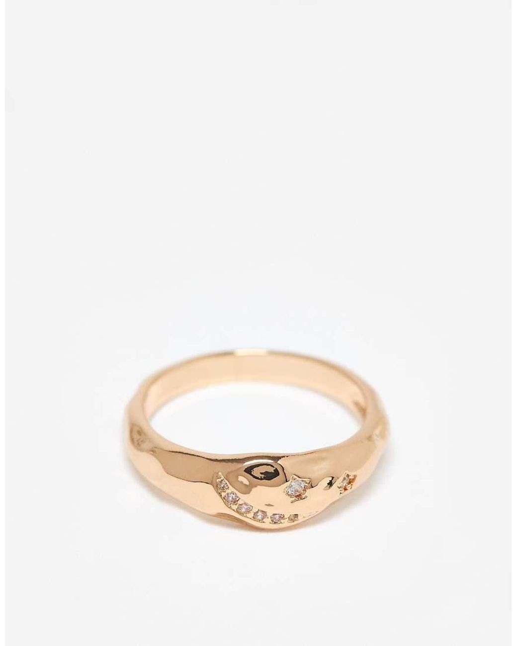 ASOS Natural Asos Design Curve Ring With Molten Texture And Cubic Zirconia Stones