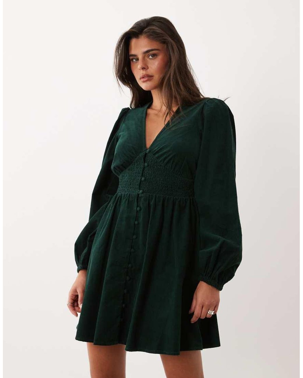 Nobody's Child Green Riley V-neck Balloon Sleeve Shirred Waist Mini Dress