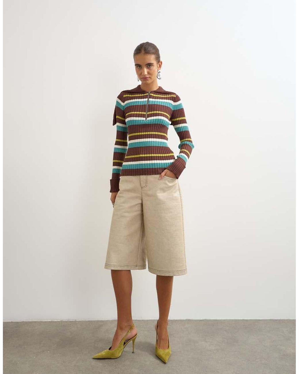 TOPSHOP Brown Knitted Ribbed Long Sleeve Half Zip Funnel Jumper