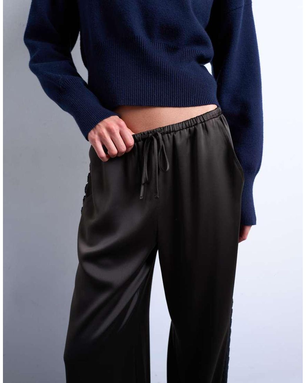 TOPSHOP Blue Satin Lace Insert Trouser