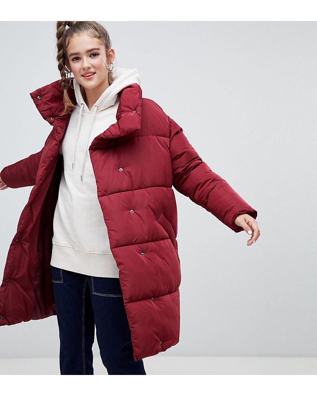 Monki Longline Puffer Jacket in Red - Lyst