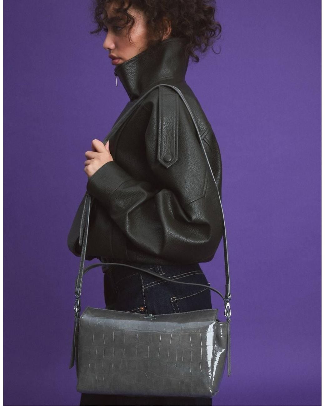 Stradivarius Gray Mock Croc Shoulder Bag