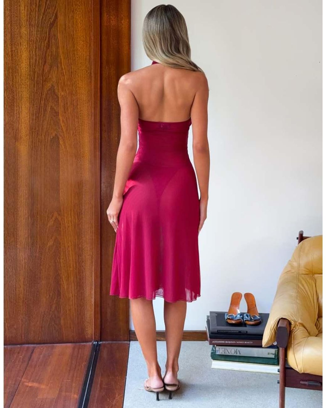 Tiger Mist Red X Em Venz Ash Ruffle Front Halterneck Chiffon Midi Dress