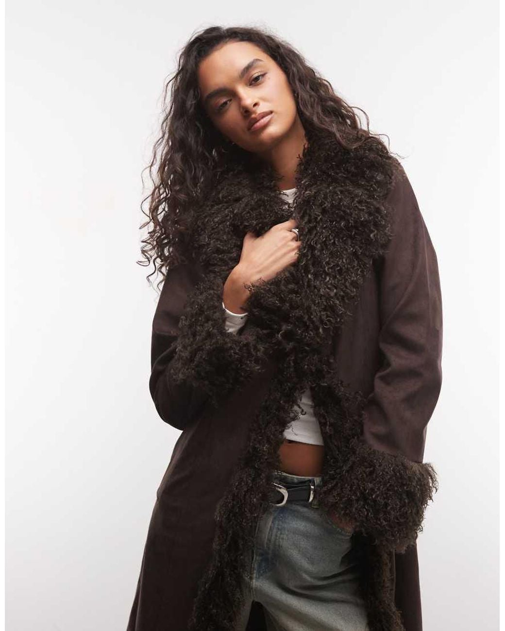 Reclaimed Vintage Brown Suede Look Trench Coat With Faux Fur Collar