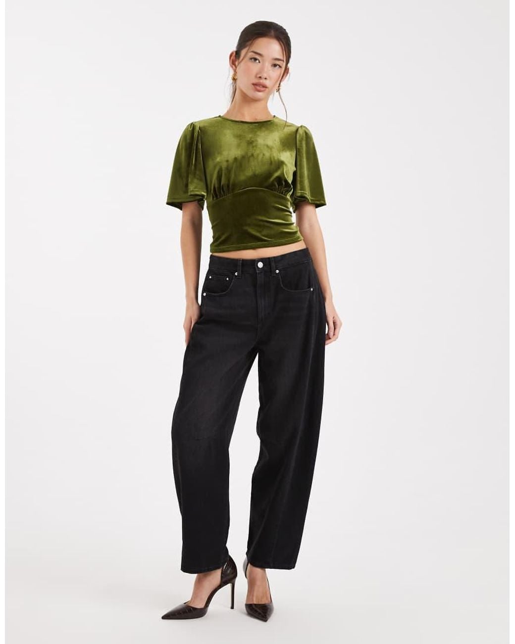 ASOS Green Velvet Puff Sleeve Top With Tie Back