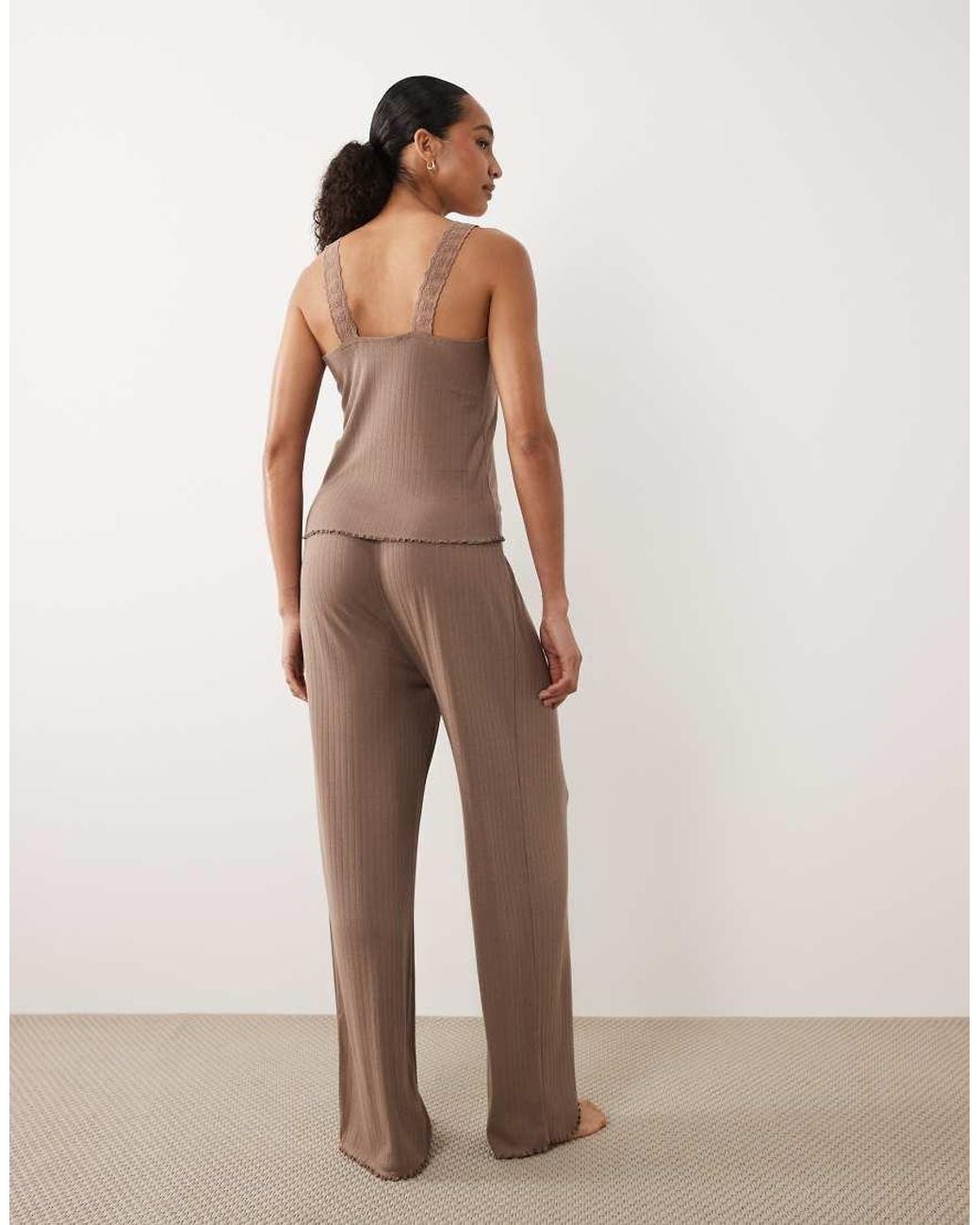 Threadbare Brown Lettuce Hem Pointelle Vest And Trouser Pyjama Set