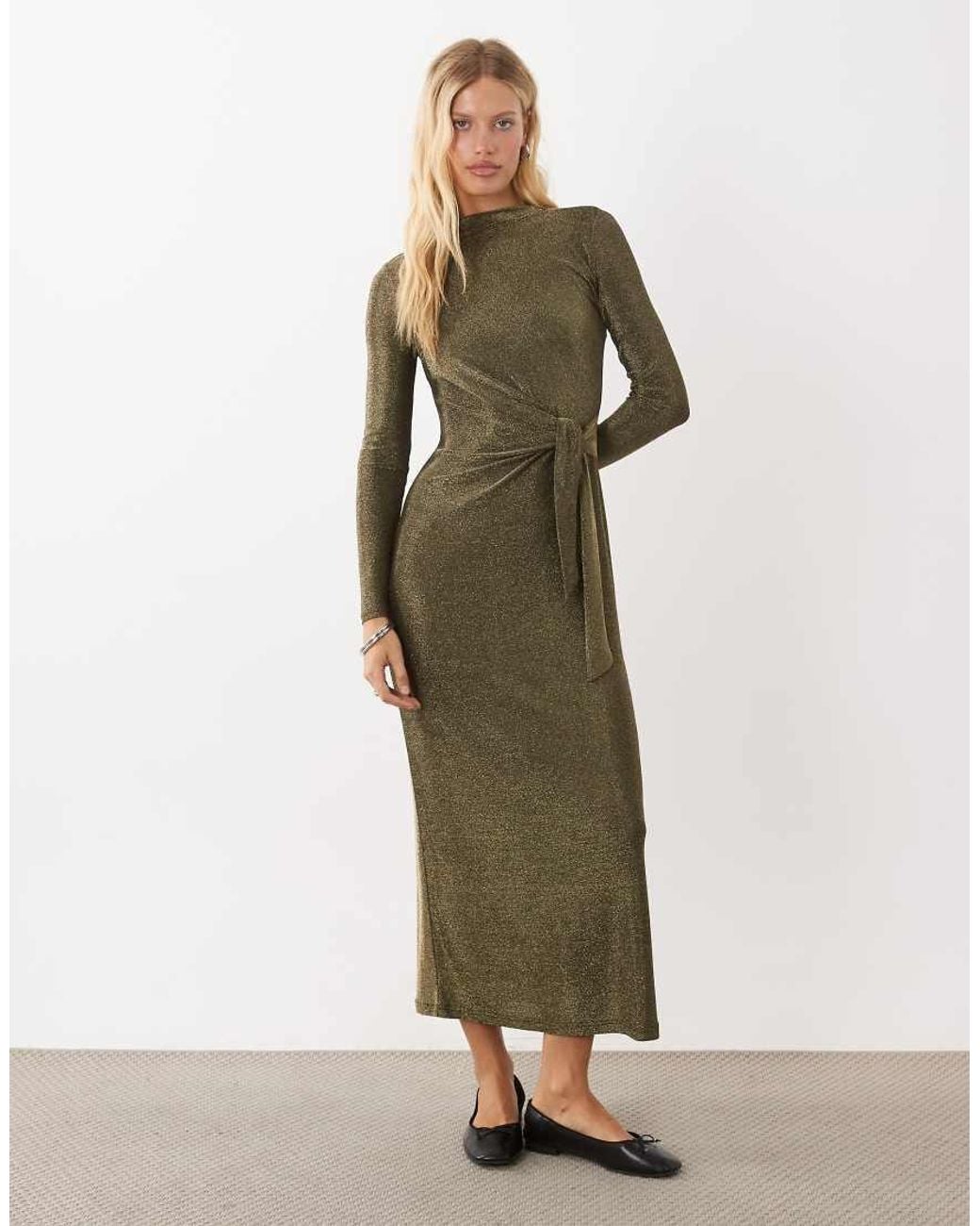 Threadbare Green Draped Long Sleeve Midi Dress With Knot Detail