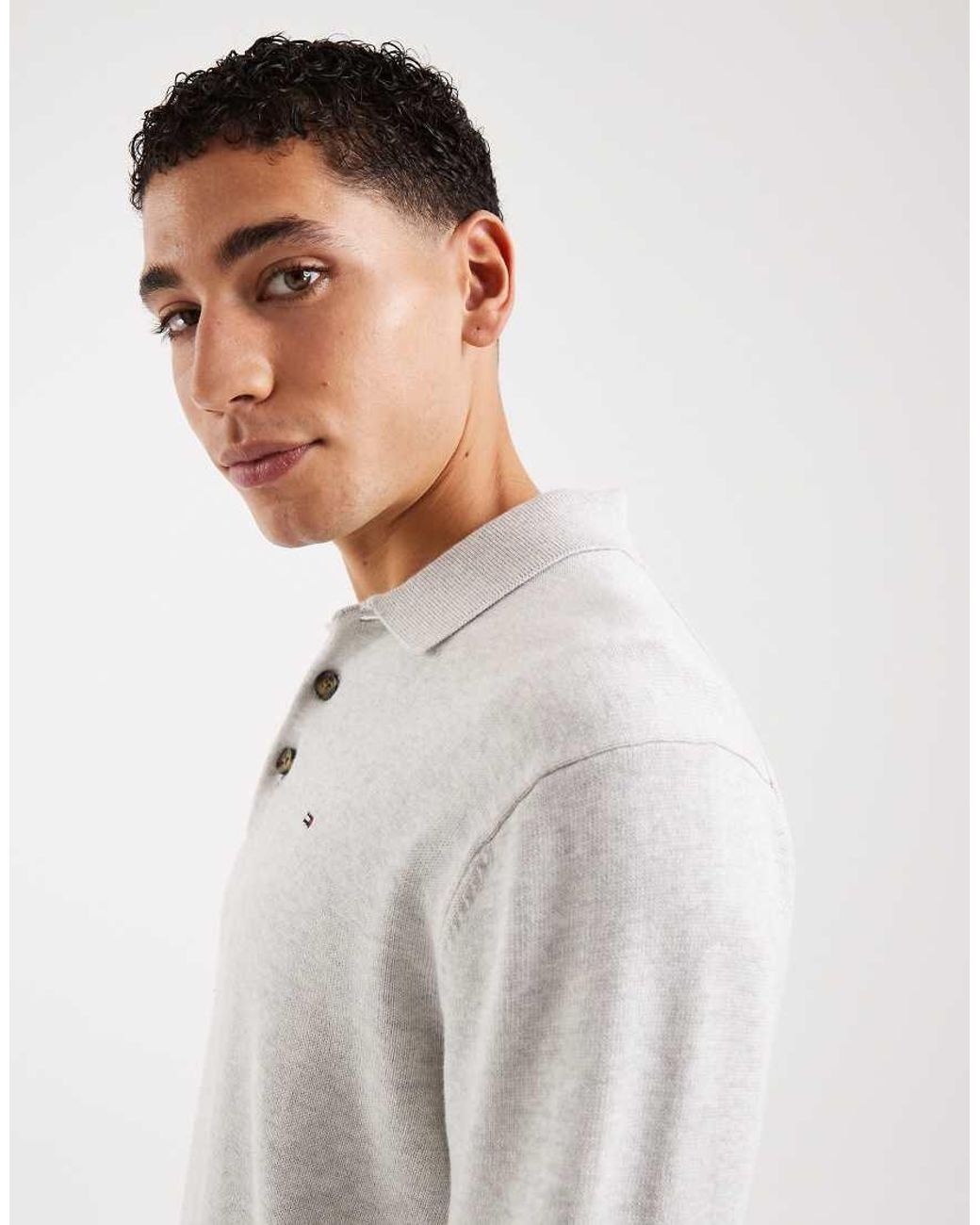 Tommy Hilfiger White Essential Knitted Long Sleeve Polo Shirt for men