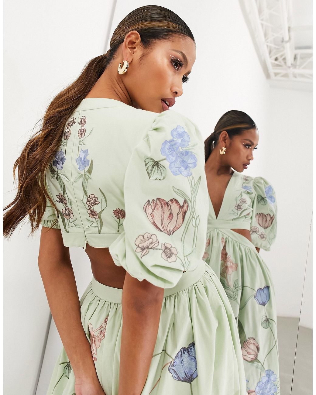 ASOS Floral Embroidered Cut Out Puff Sleeve Midi Dress in Green | Lyst ASOS Floral Embroidered Cut Out Puff Sleeve Midi Dress in Green | Lyst