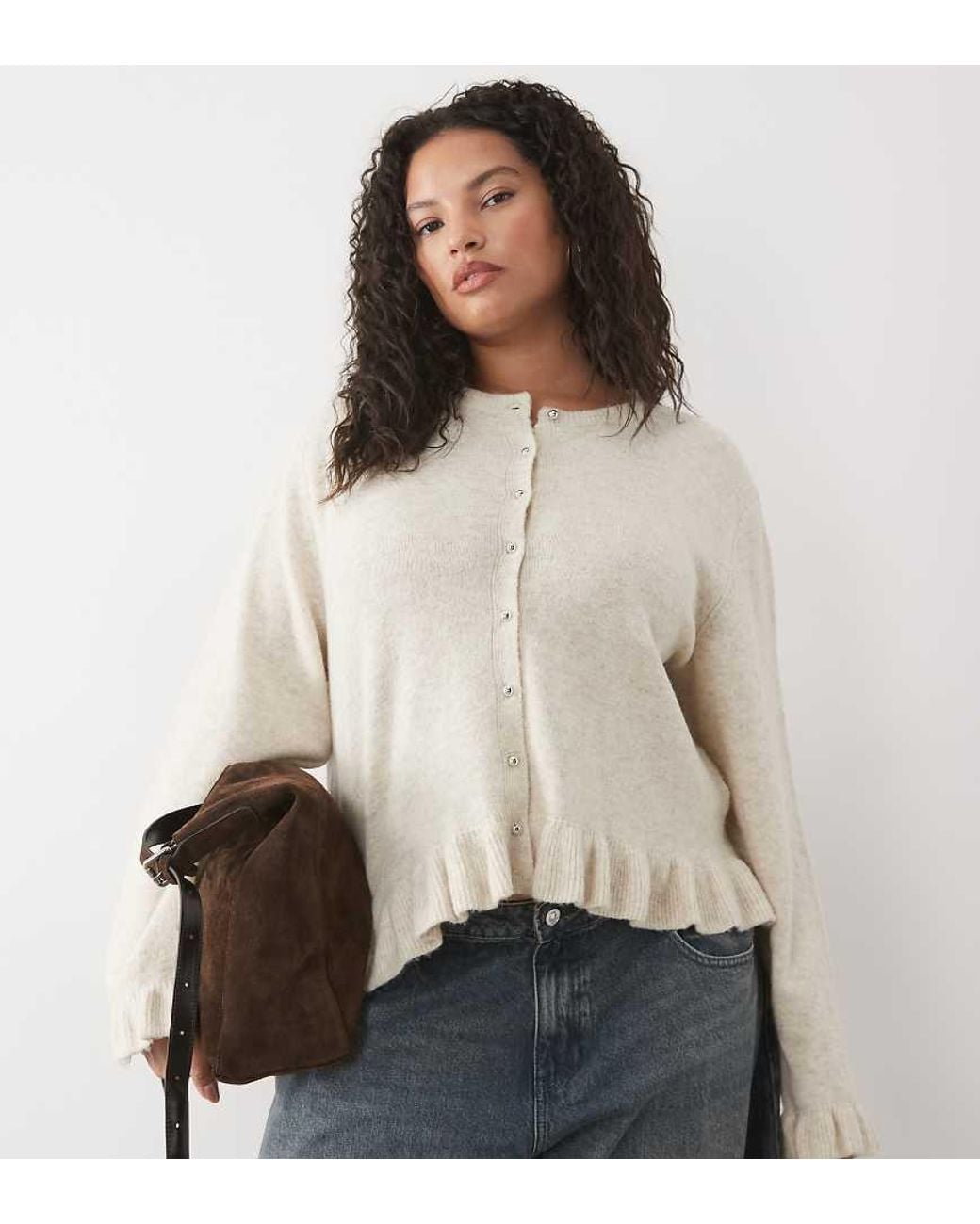 Pieces Plus Natural Pieces Curve Frill Cuff And Hem Button Detail Cardigan