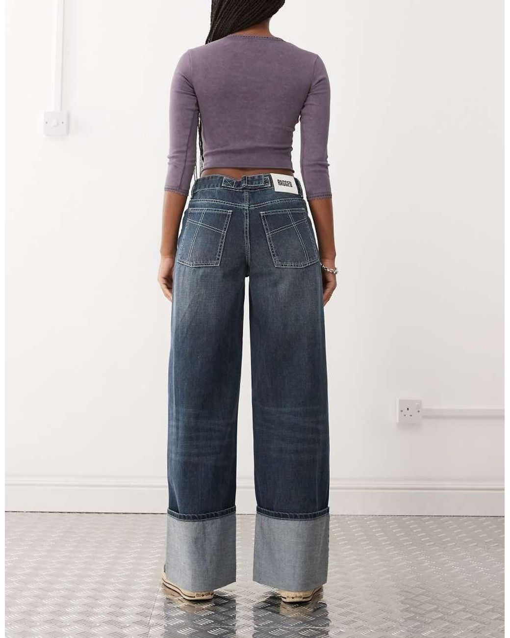 The Ragged Priest Blue Turn Up Hem Low Rise Baggy Fit Jeans