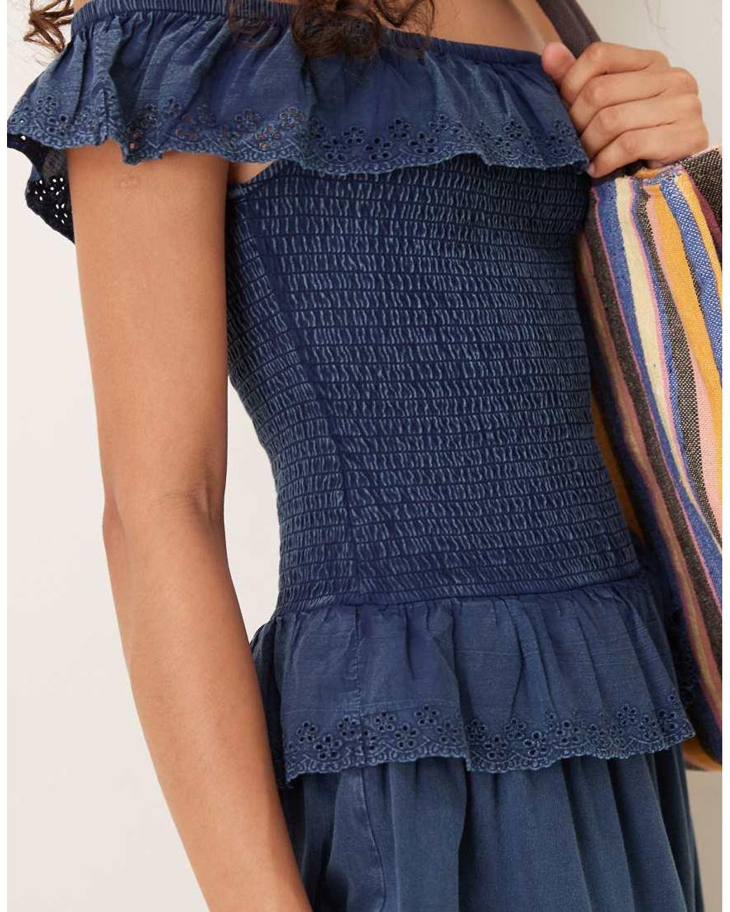 ASOS Blue Premium Shirred Bodice With Ruffle Broderie Detail Maxi Dress
