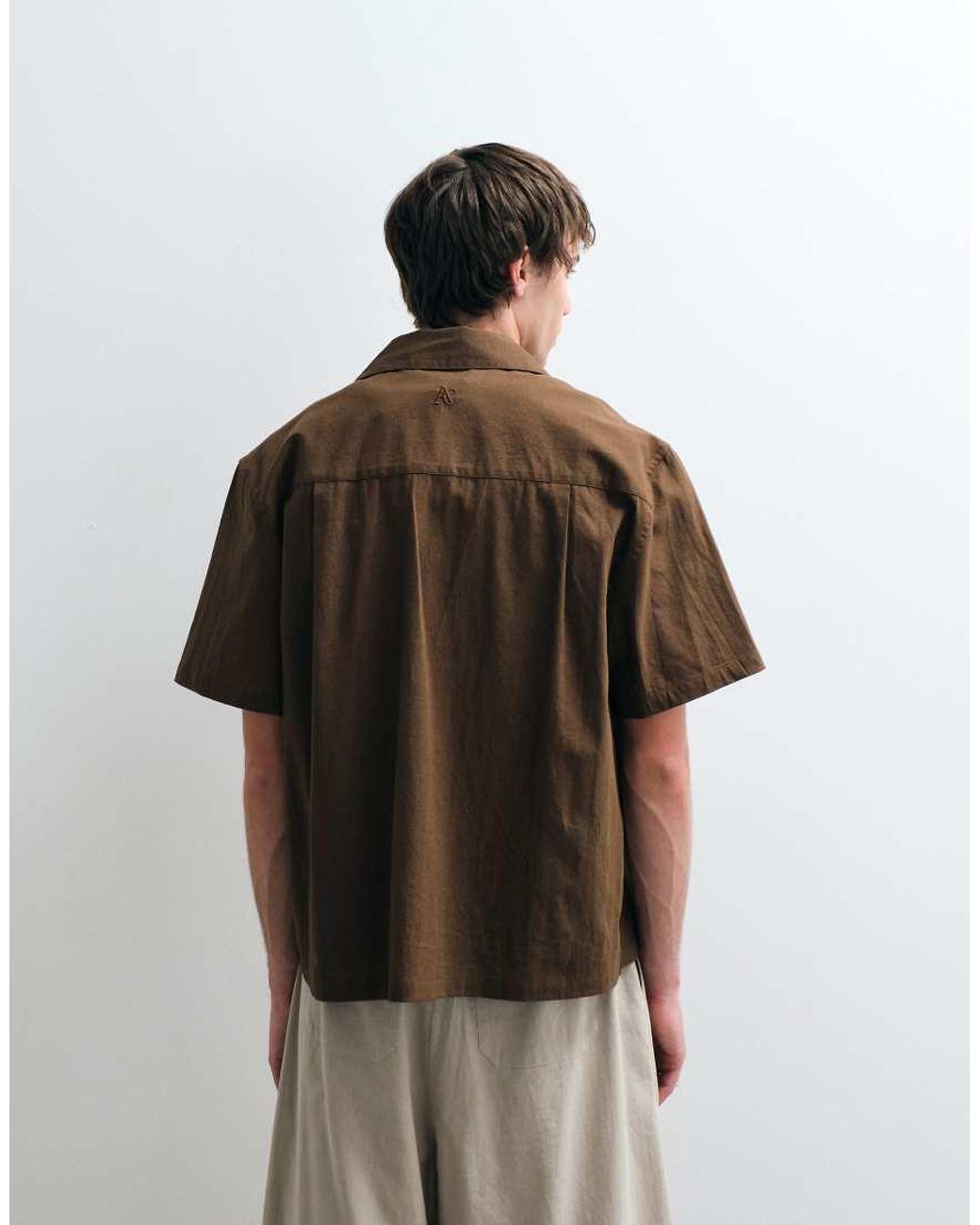 ASOS COLLECTIVE Brown Relaxed Fit Cotton-linen Blend Embroidered Shirt for men