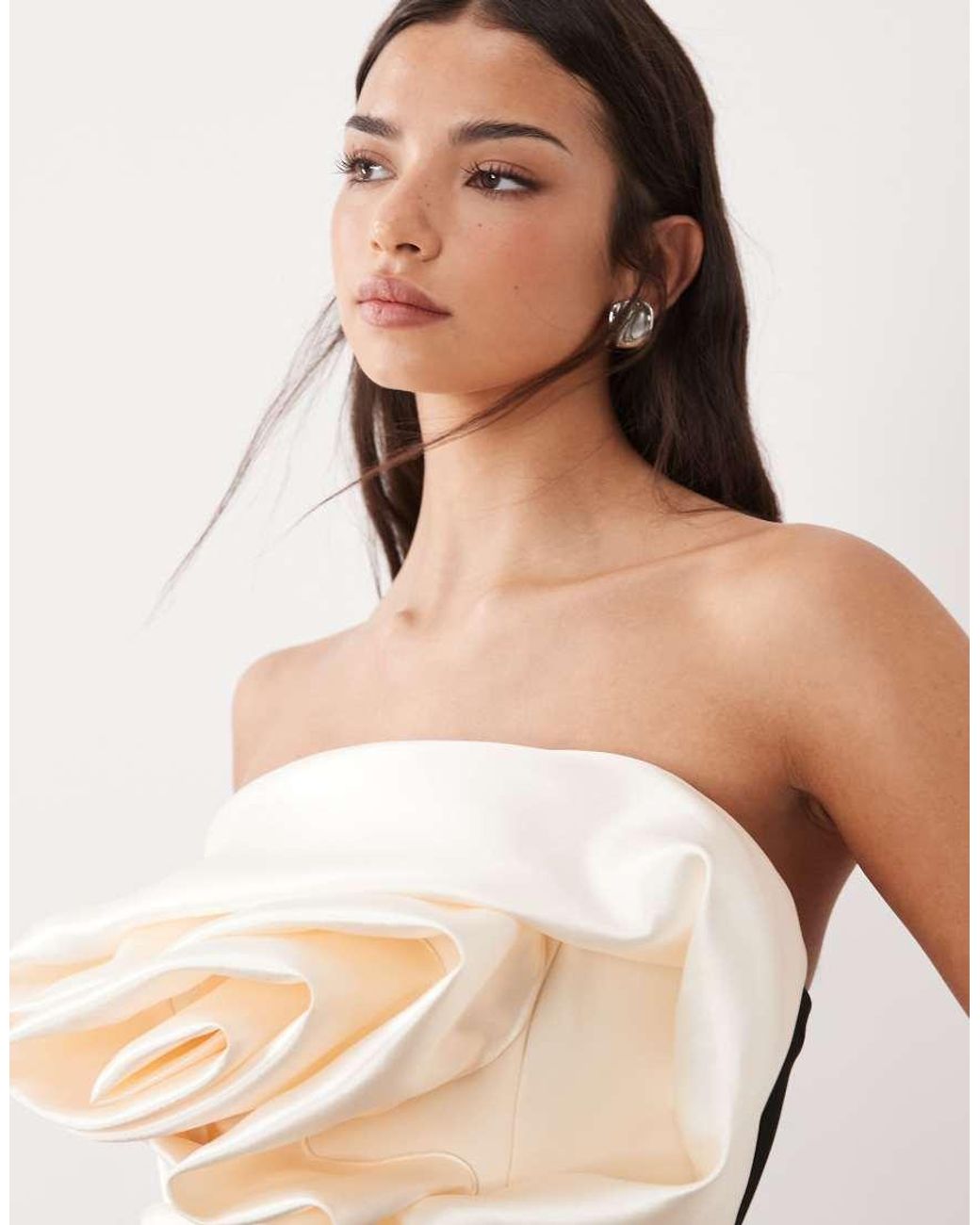 ASOS White Premium Bandeau Crepe Fishtail Maxi Dress With Contrast Satin Corsage