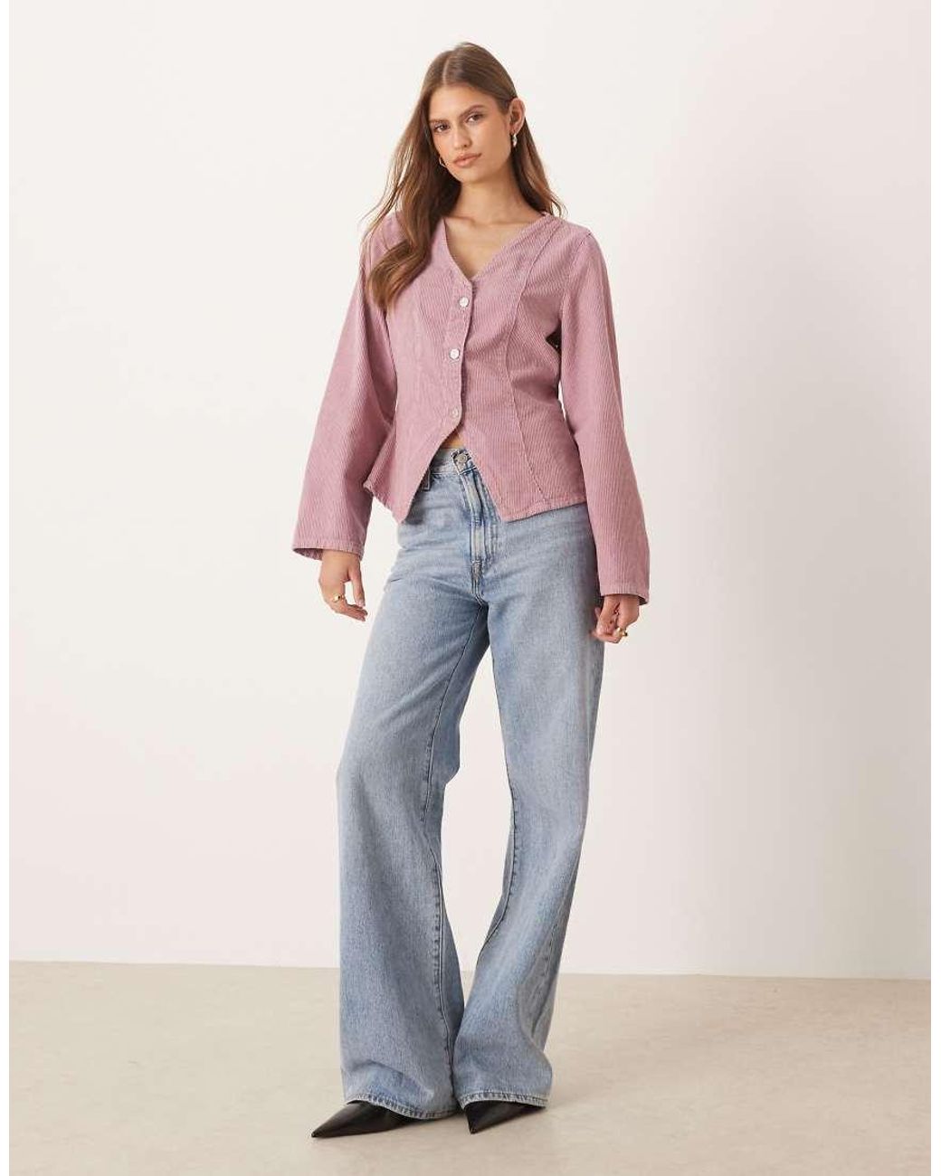 ASOS Pink Long Sleeve Corduroy Top With Cinched Waist