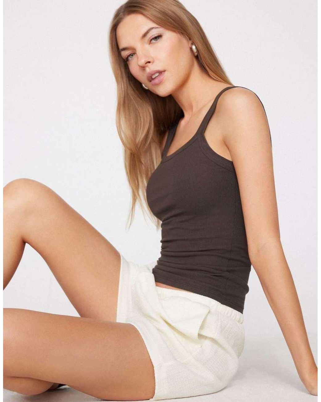 Tezenis Gray Square Neck Ribbed Cotton Camisole