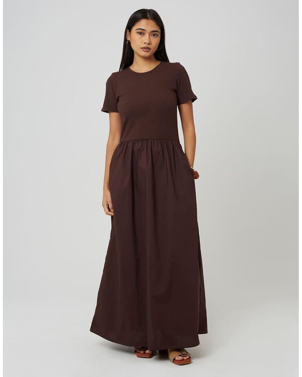 Brave Soul Brown Crew Neck Jersey And Poplin Mix Maxi Dress