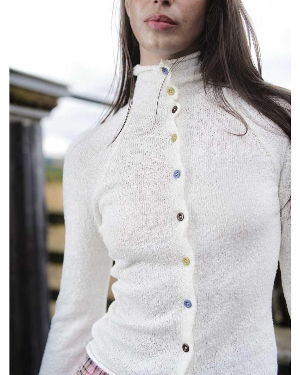 Daisy Street White High Neck Multi Color Button Down Cardigan