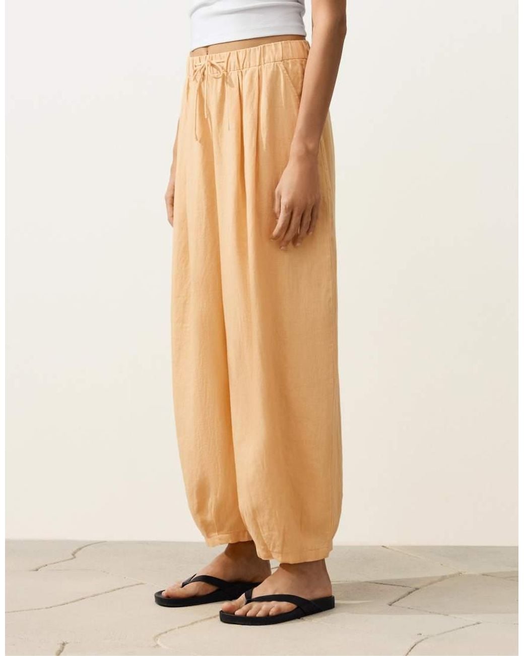 Oysho Natural 100% Linen Pleated Balloon Trousers