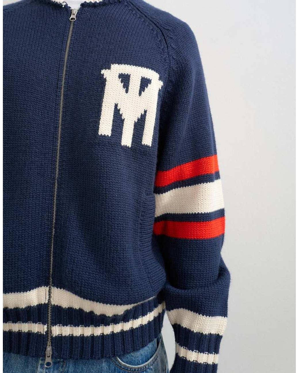 Topman Blue Relaxed Fit Heavyweight Knit Varsity Cardigan for men