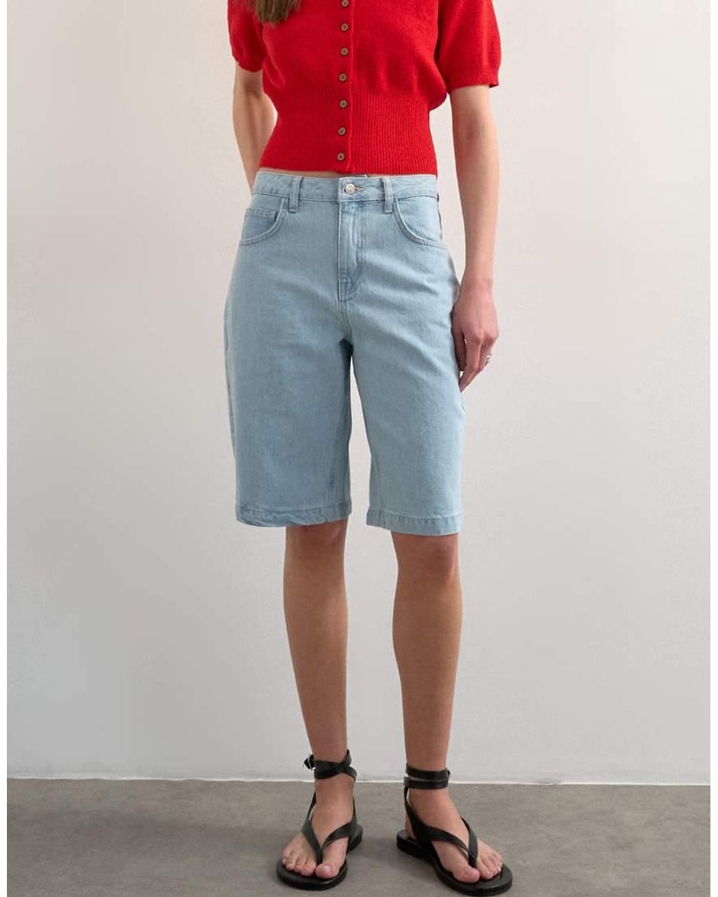 TOPSHOP Red Denim Longline Shorts