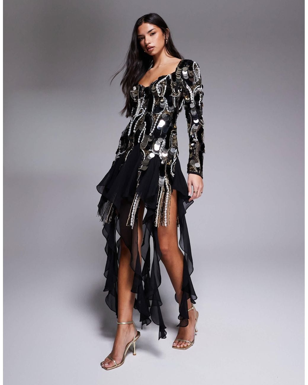 ASOS Embellished Chiffon Trim Mini Dress in Black