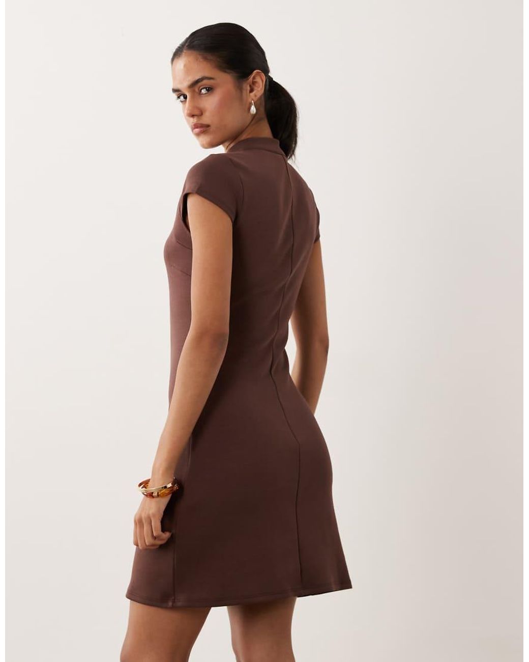 New Look Brown Mandarin Collar Keyhole Mini Dress