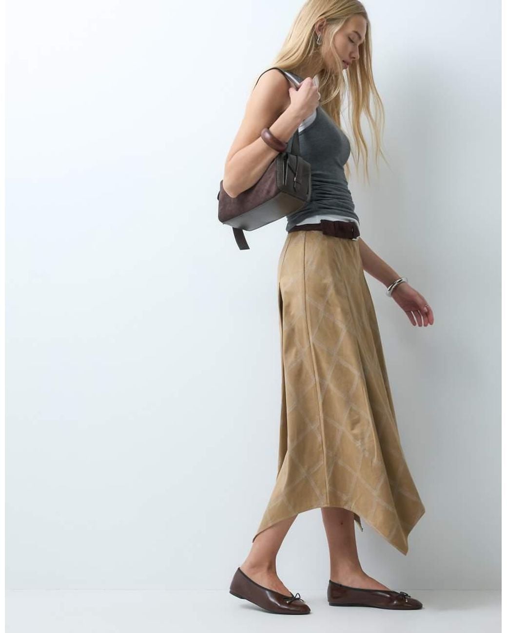 laagam Brown Tyla Embroidered Hankerchief Hem Midi Skirt