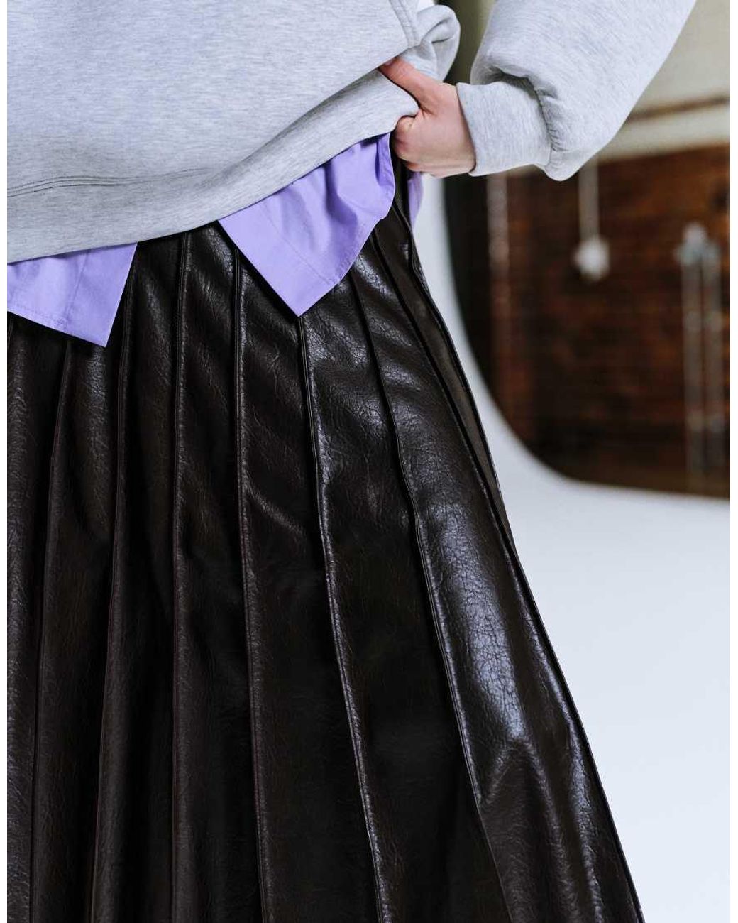 Mango Black Pleated Faux Leather Maxi Skirt