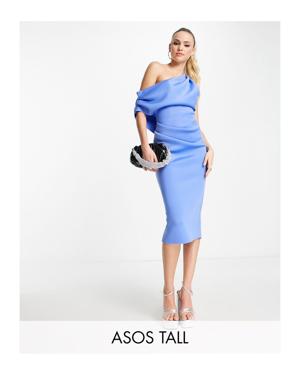 ASOS DESIGN one shoulder seamed bust midi dress with high leg split in baby  blue