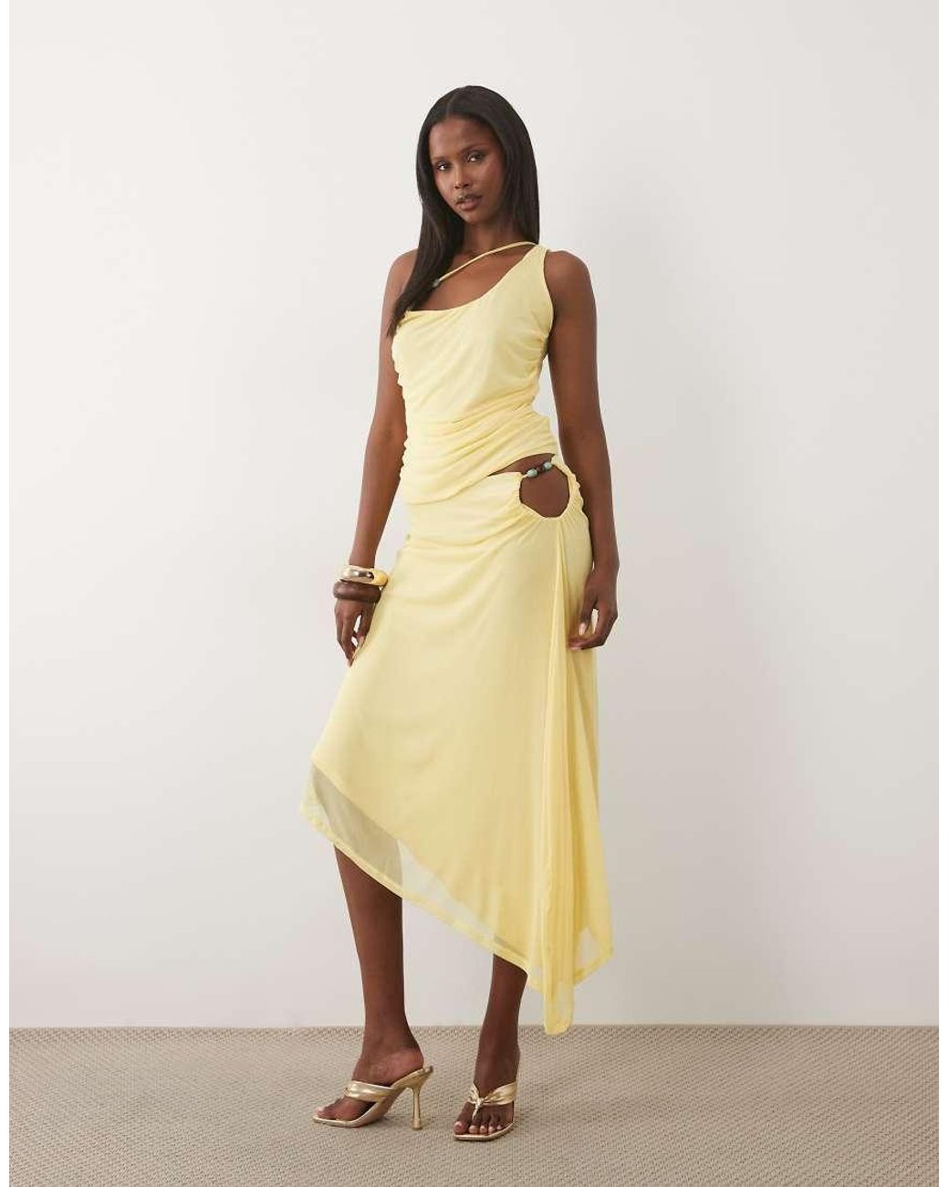 ASOS Yellow Co-ord Mesh Asymmetrical Top With Beads