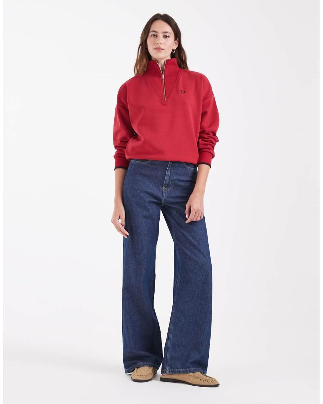 Fred Perry Red Half Zip High Neck Logo Sweatshirt