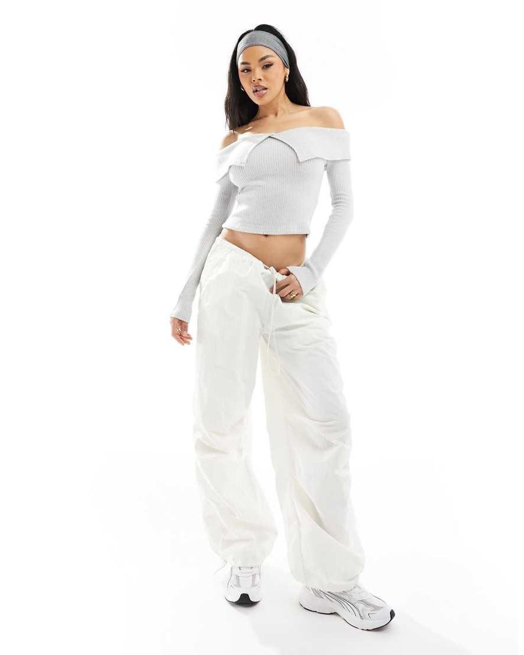 ASOS White Cosy Knitted Fold Over Bardot Top
