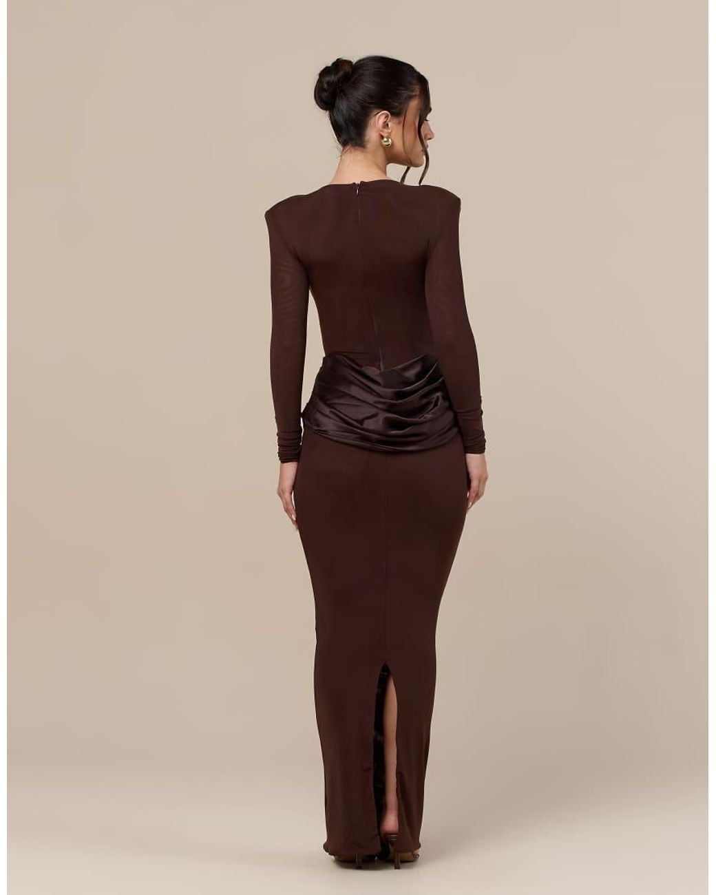 Wanderdoll Natural Eman Sculpted Slash Neck Satin Drape Waist Detail Bodycon Maxi Dress