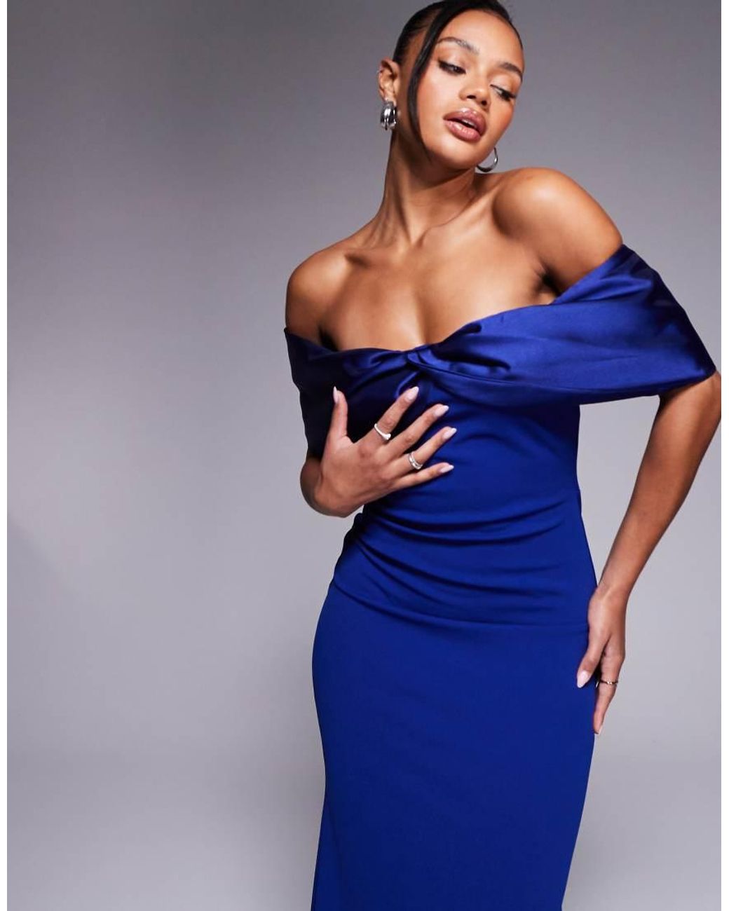 Goddiva Blue Twist Knot Satin Bardot Maxi Dress