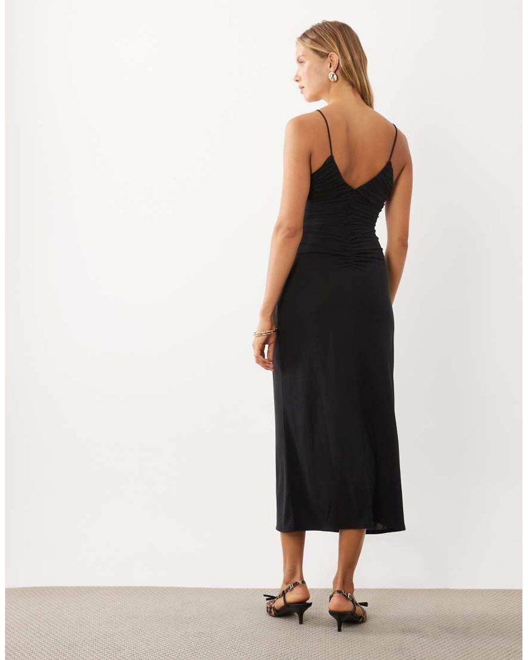 Mango Black V Neck Strappy Ruched Midi Dress