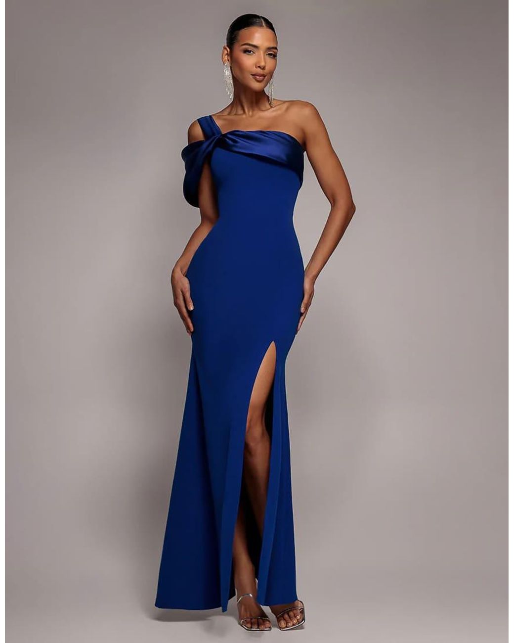 Goddiva Blue Satin Twist One Shoulder Maxi Dress