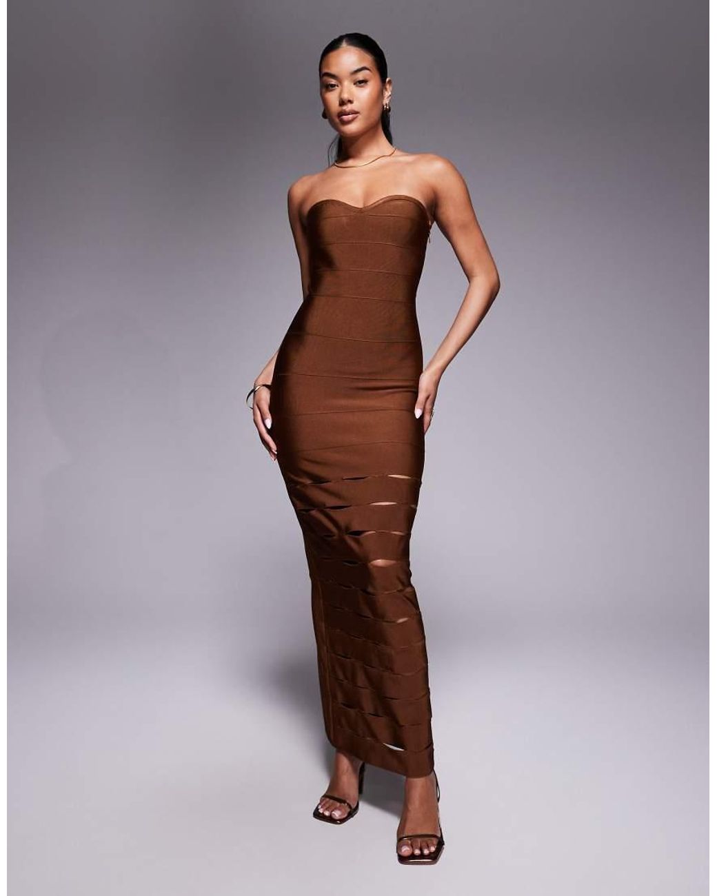 ASOS Brown Bandage Bandeau Midi Dress With Cut Outs