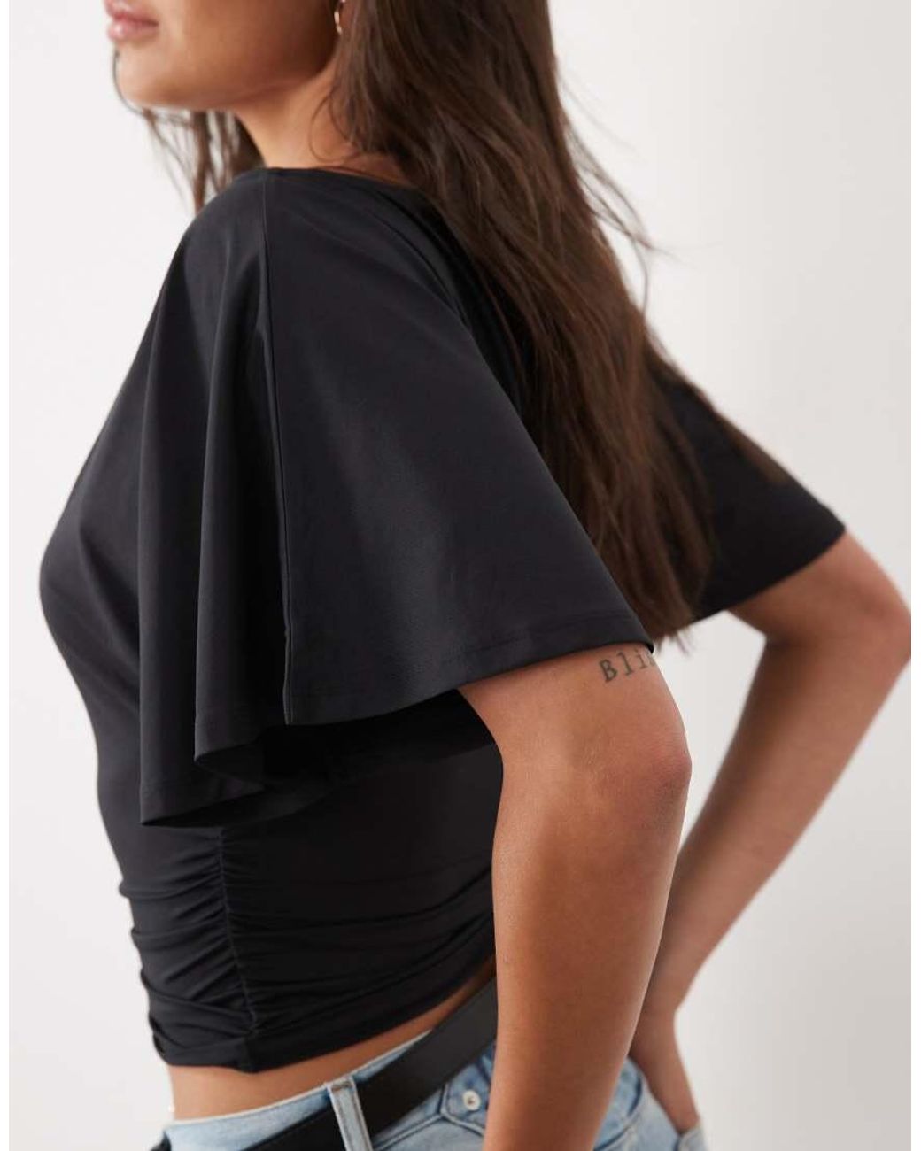 ASOS Blue Slinky Slash Neck Top With Batwing Short Sleeve