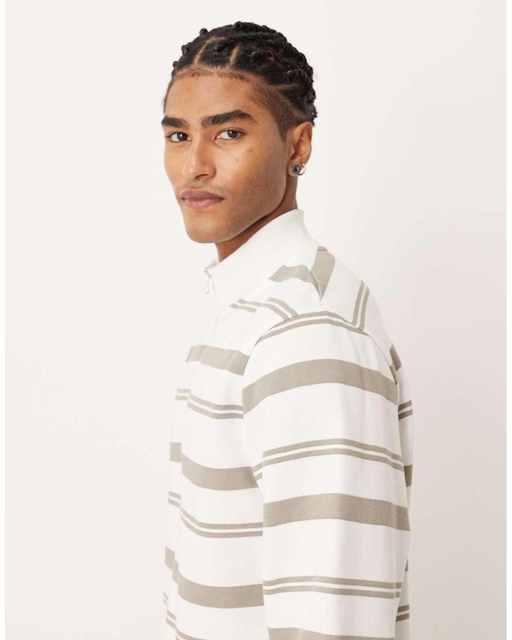 ASOS Natural Quarter Zip Sweatshirt With Stripes for men