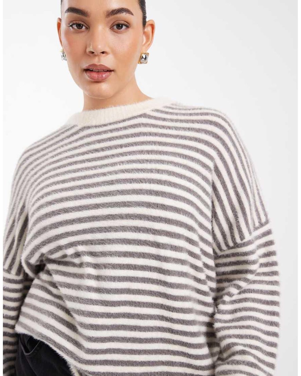 Collusion White Plus Fluffy Oversized Stripe Jumper
