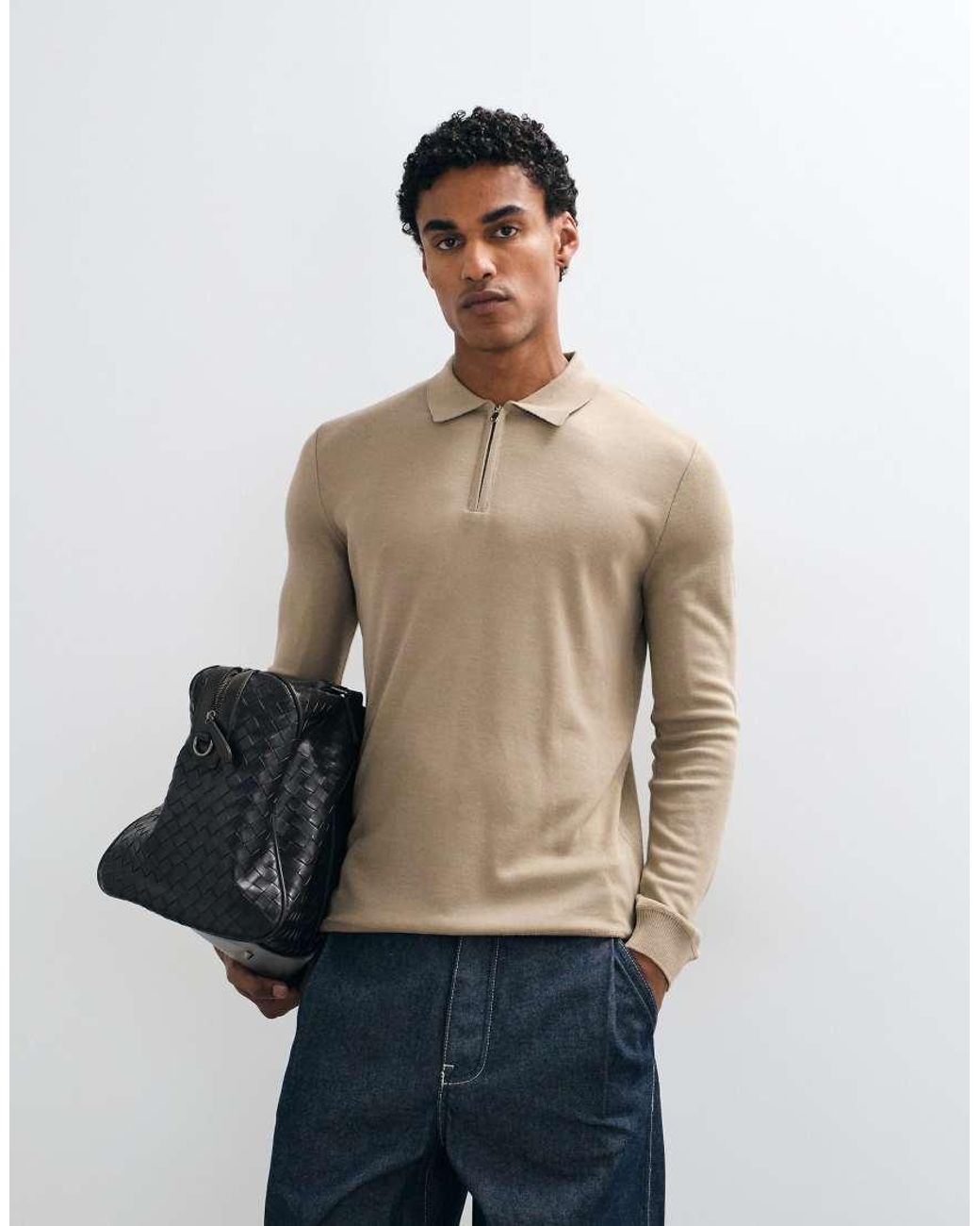 Brave Soul White Knitted 1/4 Zip Jumper With Polo Placket for men