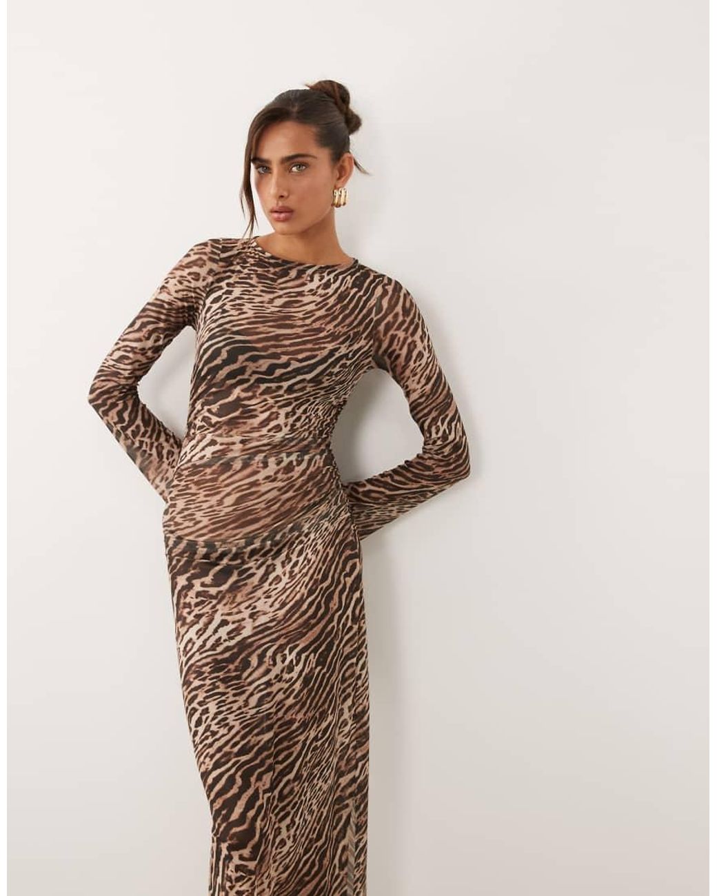 Ruched & Ready Brown Mesh Flared Long Sleeve Maxi Dress