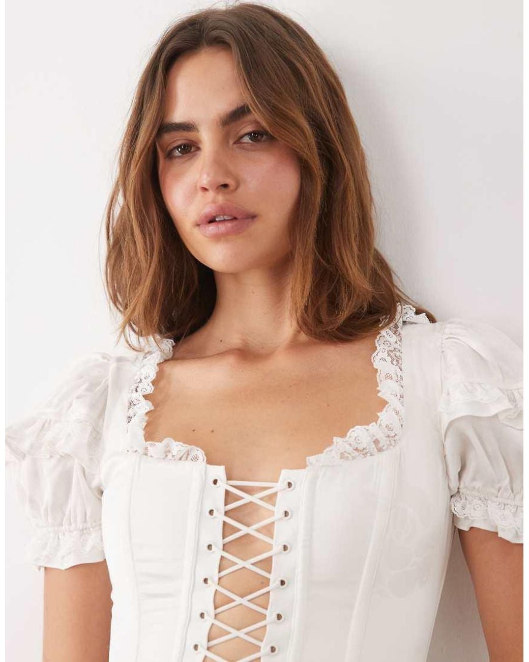 For Love & Lemons White Isadora Lace Up Front Puff Sleeve Corset Bustier Top