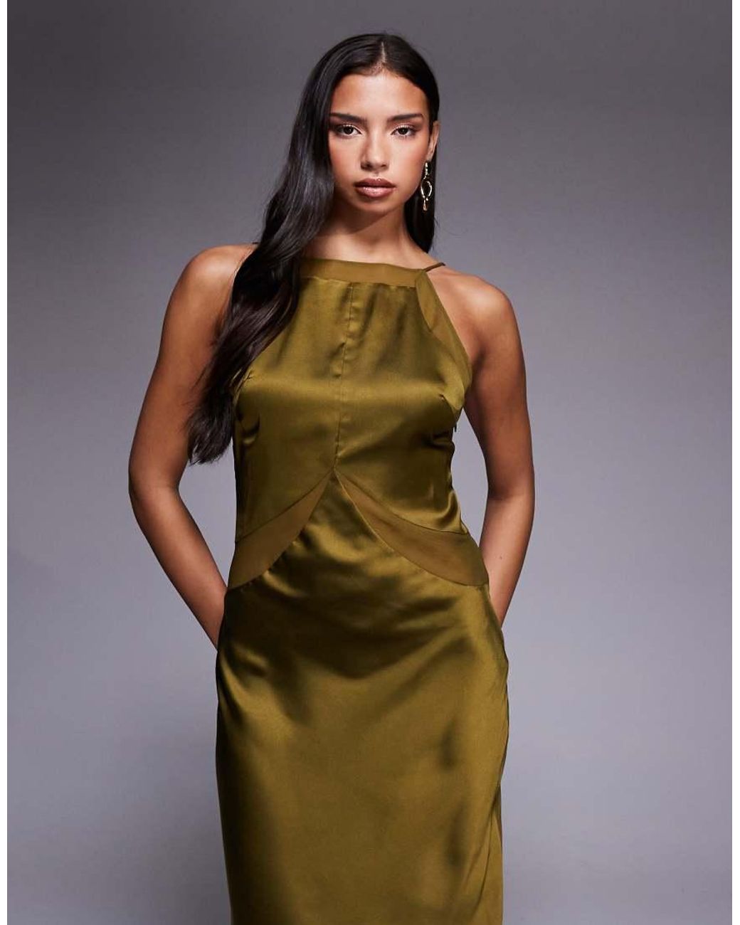 ASOS Green Satin Chiffon Mix Square High Neck Maxi Dress