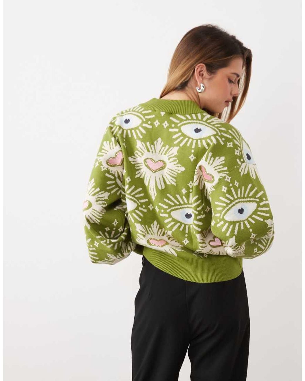 Never Fully Dressed Green Knit V-neck Diamante Heart Detail Cardigan