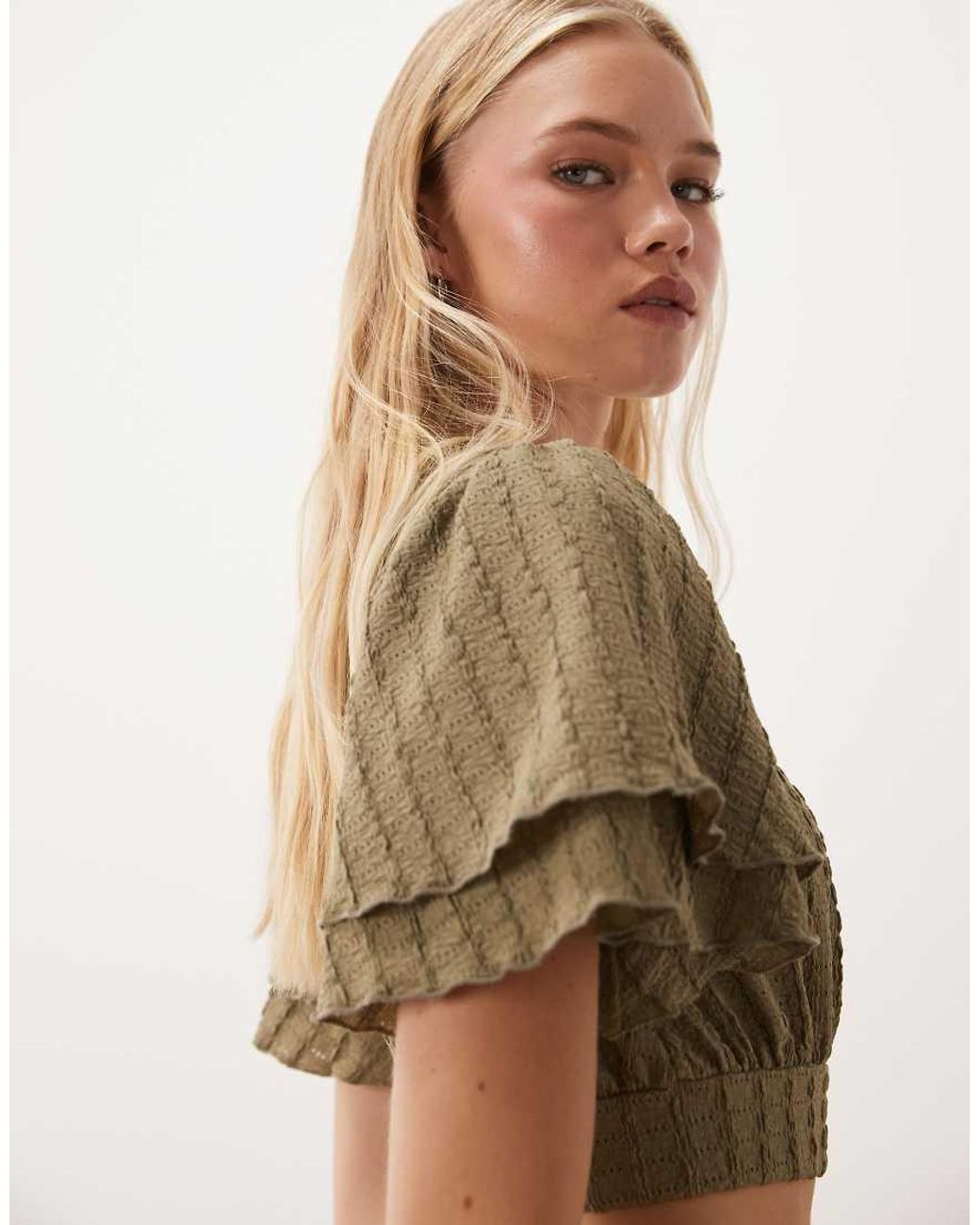 Miss Selfridge Brown Textured Wrap Frill Sleeve Top Co-Ord