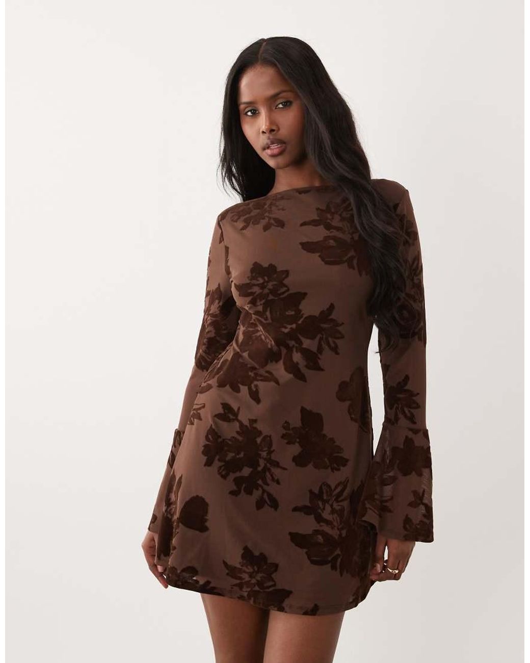 ASOS Orange Flocked Floral Mini Dress With Flute Sleeve